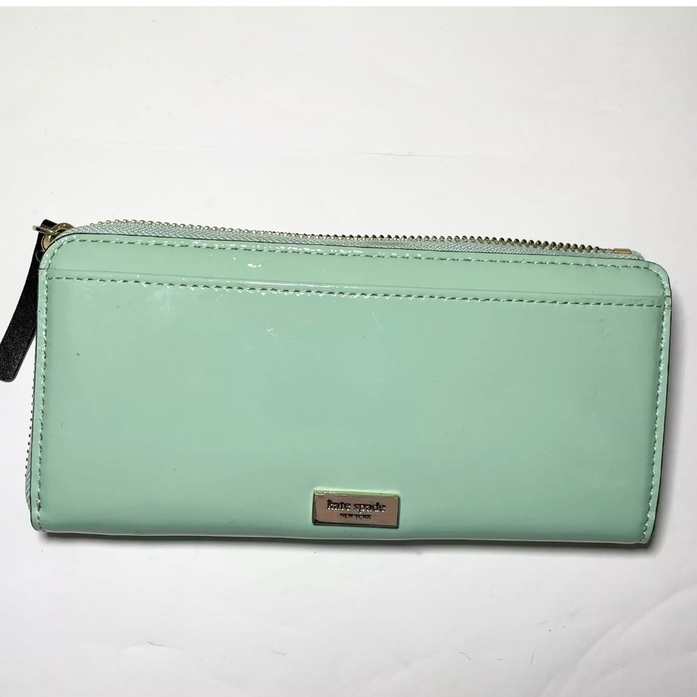 Kate Spade Patent Leather Long Zip Wallet Mint Green With Black Bow - Picture 4 of 9